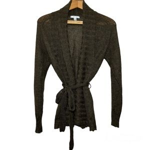 Sussan open front cardigan with belt, deep olive  green mohair blend. Women’s L